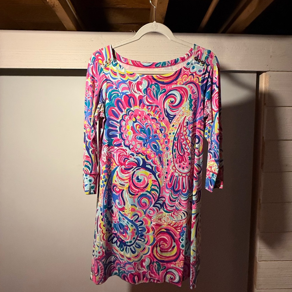 Lilly Pulitzer Pink and Blue Sheath Dress with Bateau Neckline